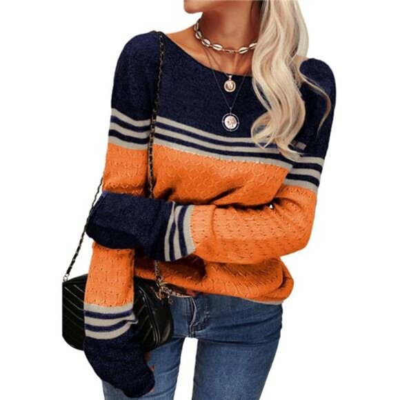 Womens Fall Fashion 2025 Sweaters Colorblock Lightweight Striped - Picture 2 of 5